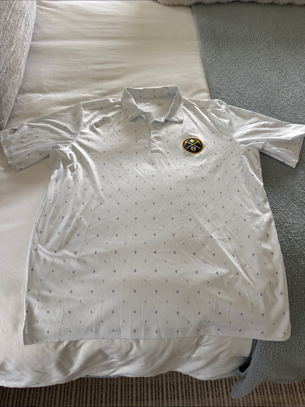 Antigua White Polo with Small Diamond Print and Embroidered Crest